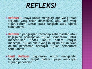  Refleksi : upaya untuk mengkaji apa yang telah
terjadi, yang telah dihasilkan, atau apa yang
tidak/belum tuntas pada langkah atau upaya
sebelumnya
 Refleksi : pengkajian terhadap keberhasilan atau
kegagalan pencapaian tujuan sementara untuk
menentukan tindak lanjut dalam rangka
mencapai tujuan akhir yang mungkin dirumuskan
dalam pencpaian berbagai tujuan sementara
sebelumnya.
 Hasil Refleksi digunakan untuk mengambil
langkah lebih lanjut dalam upaya mencapai
tujuan penelitian.
 