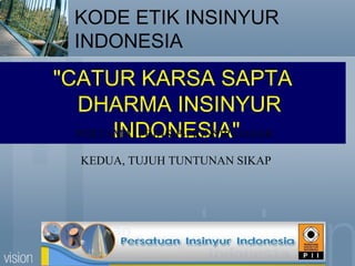 KODE ETIK INSINYUR
INDONESIA
"CATUR KARSA SAPTA
DHARMA INSINYUR
INDONESIA"PERTAMA, PRINSIP-PRINSIP DASAR
KEDUA, TUJUH TUNTUNAN SIKAP
 