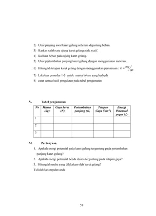 2) Ukur panjang awal karet gelang sebelum digantung beban.
3) Ikatkan salah satu ujung karet gelang pada statif.
4) Kaitkan beban pada ujung karet gelang.
5) Ukur pertambahan panjang karet gelang dengan menggunakan meteran.
6) Hitunglah tetapan karet gelang dengan menggunakan persamaan :
x
mgk
∆
=
7) Lakukan prosedur 1-5 untuk massa beban yang berbeda
8) catat semua hasil pengukran pada tabel pengamatan
V. Tabel pengamatan
No Massa
(kg)
Gaya berat
(N)
Pertambahan
panjang (m)
Tetapan
Gaya (Nm-1
)
Energi
Potensial
pegas (J)
1
2
3
VI. Pertanyaan
1. Apakah energi potensial pada karet gelang tergantung pada pertambahan
panjang karet gelang?
2. Apakah energi potensial benda elastis tergantung pada tetapan gaya?
3. Hitunglah usaha yang dilakukan oleh karet gelang?
Tulislah kesimpulan anda
59
 