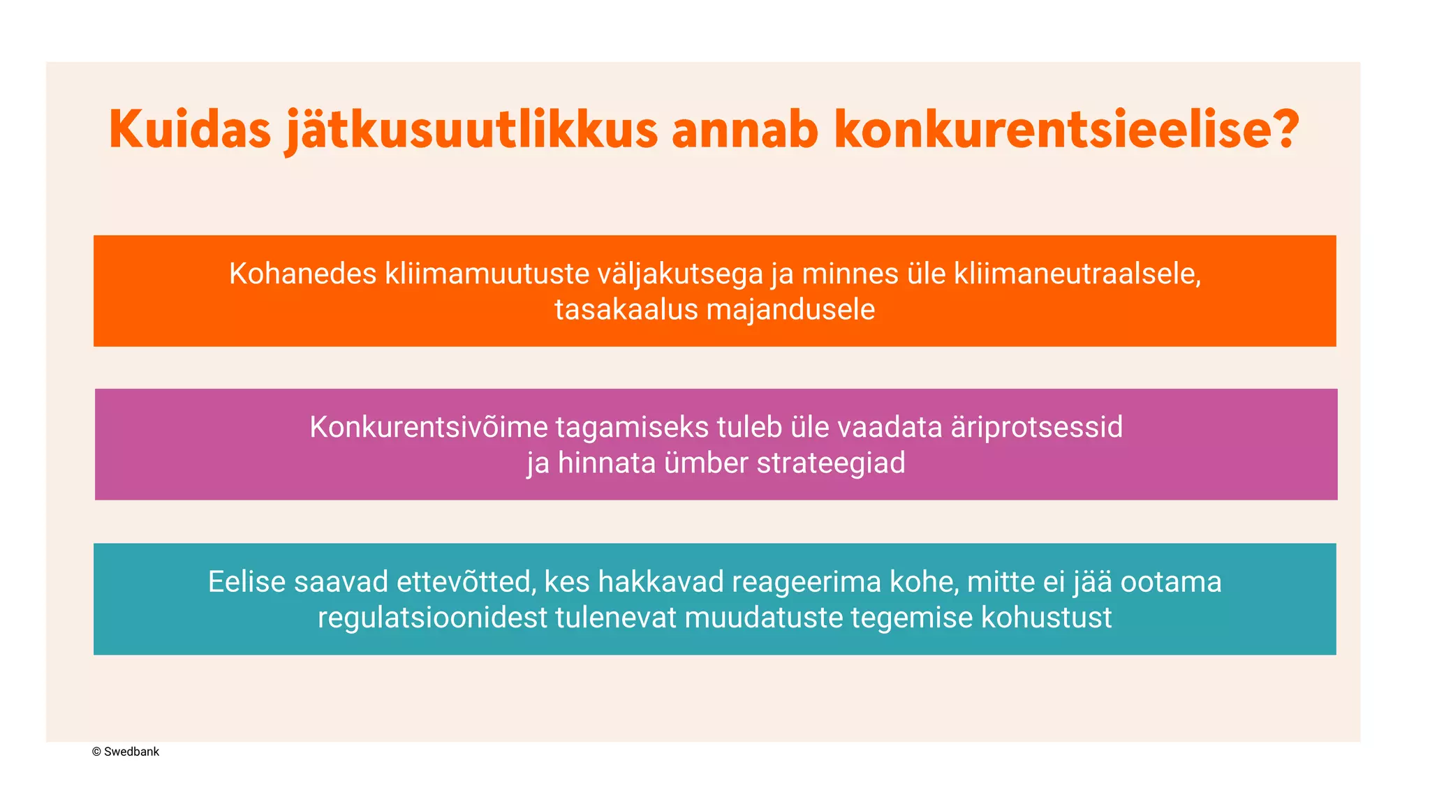 © Swedbank
Kohanedes kliimamuutuste väljakutsega ja minnes üle kliimaneutraalsele,
tasakaalus majandusele
Konkurentsivõime tagamiseks tuleb üle vaadata äriprotsessid
ja hinnata ümber strateegiad
Eelise saavad ettevõtted, kes hakkavad reageerima kohe, mitte ei jää ootama
regulatsioonidest tulenevat muudatuste tegemise kohustust
 