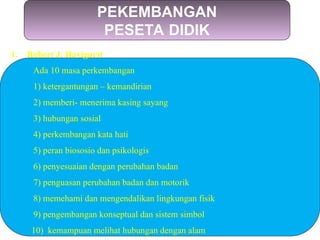 PEKEMBANGAN
PESETA DIDIK
1. Robert J. Havigurst
Ada 10 masa perkembangan
1) ketergantungan – kemandirian
2) memberi- menerima kasing sayang
3) hubungan sosial
4) perkembangan kata hati
5) peran biososio dan psikologis
6) penyesuaian dengan perubahan badan
7) penguasan perubahan badan dan motorik
8) memehami dan mengendalikan lingkungan fisik
9) pengembangan konseptual dan sistem simbol
10) kemampuan melihat hubungan dengan alam
 