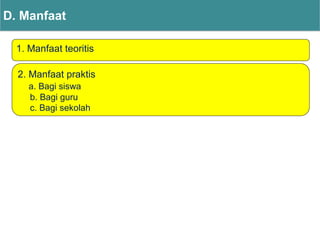 D. Manfaat
1. Manfaat teoritis
2. Manfaat praktis
a. Bagi siswa
b. Bagi guru
c. Bagi sekolah
 