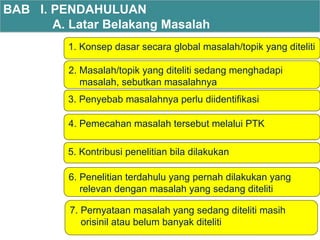 1. Konsep dasar secara global masalah/topik yang diteliti
BAB I. PENDAHULUAN
A. Latar Belakang Masalah
2. Masalah/topik yang diteliti sedang menghadapi
masalah, sebutkan masalahnya
3. Penyebab masalahnya perlu diidentifikasi
4. Pemecahan masalah tersebut melalui PTK
5. Kontribusi penelitian bila dilakukan
6. Penelitian terdahulu yang pernah dilakukan yang
relevan dengan masalah yang sedang diteliti
7. Pernyataan masalah yang sedang diteliti masih
orisinil atau belum banyak diteliti
 
