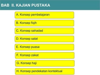 A. Konsep pembelajaran
BAB II. KAJIAN PUSTAKA
B. Konsep fiqih
C. Konsep sahadad
E. Konsep puasa
D. Konsep salat
F. Konsep zakat
G. Konsep haji
H. Konsep pendekatan kontektual
 