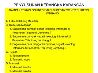 PENYUSUNAN KERANGKA KARANGAN
DAMPAK TEKNOLOGI INFORMASI DI PESANTREN TEBUIRENG
JOMBANG
A. Latar Belakang Masalah
B. Rumusan Masalah
1. Bagaimana dampak positif teknologi informasi di
Pesantren Tebuireng Jombang ?
2. Bagaimana dampak negatif teknologi informasi di
Pesantren Tebuireng Jombang ?
3. Bagaimana cara mengatasi dampak negatif teknologi
informasi di Pesantren Tebuireng Jombang ?
C. Tujuan
1. Tujuan umum
2. Tujuan khusus
D. Manfaat
1. Manfaat teoritis
2. Manfaat praktis
 