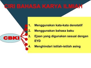 CIRI BAHASA KARYA ILMIAH
1. Menggunakan kata-kata denotatif
2. Menggunakan bahasa baku
3. Ejaan yang digunakan sesuai dengan
EYD
4. Menghindari istilah-istilah asing
 