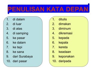 PENULISAN KATA DEPAN
1. di dalam
2. di luar
3. di atas
4. di samping
5. ke pasar
6. ke dalam
7. ke tepi
8. ke sana
9. dari Surabaya
10. dari pasar
1. ditulis
2. dimakan
3. diminum
4. dikremasi
5. kepada
6. kepala
7. kereta
8. keadaan
9. keponakan
10. daripada
 