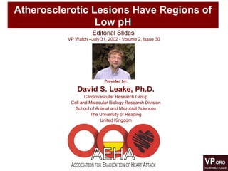 Atherosclerotic Lesions Have Regions of
Low pH
Editorial Slides
VP Watch –July 31, 2002 - Volume 2, Issue 30
Provided by:
David S. Leake, Ph.D.
Cardiovascular Research Group
Cell and Molecular Biology Research Division
School of Animal and Microbial Sciences
The University of Reading
United Kingdom
 