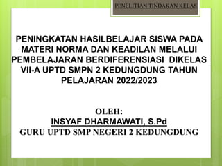 PENINGKATAN HASILBELAJAR SISWA PADA
MATERI NORMA DAN KEADILAN MELALUI
PEMBELAJARAN BERDIFERENSIASI DIKELAS
VII-A UPTD SMPN 2 KEDUNGDUNG TAHUN
PELAJARAN 2022/2023
OLEH:
INSYAF DHARMAWATI, S.Pd
GURU UPTD SMP NEGERI 2 KEDUNGDUNG
PENELITIAN TINDAKAN KELAS
 