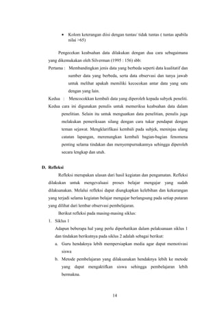 · Kolom keterangan diisi dengan tuntas/ tidak tuntas ( tuntas apabila 
nilai >65) 
Pengecekan keabsahan data dilakukan dengan dua cara sebagaimana 
yang dikemukakan oleh Silverman (1995 : 156) sbb: 
Pertama : Membandingkan jenis data yang berbeda seperti data kualitatif dan 
sumber data yang berbeda, serta data observasi dan tanya jawab 
untuk melihat apakah memiliki kecocokan antar data yang satu 
dengan yang lain. 
Kedua : Mencocokkan kembali data yang diperoleh kepada subyek peneliti. 
Kedua cara ini digunakan penulis untuk memeriksa keabsahan data dalam 
penelitian. Selain itu untuk menguatkan data penelitian, penulis juga 
melakukan pemeriksaan silang dengan cara tukar pendapat dengan 
teman sejawat. Mengklarifikasi kembali pada subjek, meninjau ulang 
catatan lapangan, merenungkan kembali bagian-bagian fenomena 
penting selama tindakan dan menyempurnakannya sehingga diperoleh 
secara lengkap dan utuh. 
D. Refleksi 
Refleksi merupakan ulasan dari hasil kegiatan dan pengamatan. Refleksi 
dilakukan untuk mengevaluasi proses belajar mengajar yang sudah 
dilaksanakan. Melalui refleksi dapat diungkapkan kelebihan dan kekurangan 
yang terjadi selama kegiatan belajar mengajar berlangsung pada setiap putaran 
yang dilihat dari lembar observasi pembelajaran. 
Berikut refleksi pada masing-masing siklus: 
1. Siklus 1 
Adapun beberapa hal yang perlu diperhatikan dalam pelaksanaan siklus 1 
dan tindakan berikutnya pada siklus 2 adalah sebagai berikut: 
a. Guru hendaknya lebih mempersiapkan media agar dapat memotivasi 
siswa 
b. Metode pembelajaran yang dilaksanakan hendaknya lebih ke metode 
yang dapat mengaktifkan siswa sehingga pembelajaran lebih 
bermakna. 
14 
 