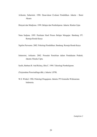 Arikunto, Suharsimi. 1998. Dasar-dasar Evaluasi Pendidikan. Jakarta : Bumi 
Aksara 
Dimyati dan Mudjiono. 1999. Belajar dan Pembelajaran. Jakarta: Rineka Cipta 
Nana Sudjana. 1995. Penilaian Hasil Proses Belajar Mengajar. Bandung: PT. 
Remaja Rosda Karya 
Ngalim Purwanto. 2002. Psikologi Pendidikan. Bandung: Remaja Rosda Karya 
Suharsimi, Arikunto. 2002. Prosedur Penelitian dalam Pendekatan Praktek. 
Jakarta: Rineka Cipta. 
Seells, Barbara B. And Richey, Rita C. 1994. Teknologi Pembelajaran. 
(Terjemahan Prawiradilaga dkk.). Jakarta: LPTK 
W.S. Winkel. 1996. Psikologi Pengajaran. Jakarta: PT Gramedia Widiasarana 
Indonesia. 
Lampiran 1 
28 
 