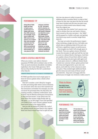 #PTK 25
PERFORMANCE TIP
Using Direct Path
loads can lead
to faster query
performance on
tables with more
than 255 columns!
For example, if you
have a table with
260 columns and
want to run a report
that only accesses
columns near the
front of the row...
With conventional
inserts Oracle will
have written an ‘L’
row-piece of 255
columns and then
an ‘HF’ row-piece
with 5 columns, so
accessing column 6
will cause a chained
row fetch for every
row. With Direct
Path loads, Oracle
will have written an
‘HF’ row-piece with
255 columns and
then an ‘L’ row-
piece with five
columns, so using
column 6 would not
cause an additional
chained row fetch.
TECH | TABLE SCANS
A ROW’S LIFECYCLE AND PCTFREE
When you create a new table in Oracle it
populates PCTFREE with its default value of 10%.
This can (and sometimes should) be overridden
explicitly in the Create Table grammar. We’ll
discuss why shortly, but first let’s understand
what they do:
CREATE TABLE mytab (c1 number) PCTFREE 10;
PCTFREE specifies how much empty space to
leave for future updates when a block is first
populated.
Now let’s consider a row’s lifecycle. Imagine
an order processing table where various elements
are not known when the row is first inserted and
the transaction committed: for example, you may
not know the processed date, the ship date, the
tracking number, or delivery confirmation. Each
of these may be filled by subsequent transactions
as they become known. A row which was 150
bytes when first written might finally take up
180 bytes – i.e. be 20% larger. If you had specified
a PCTFREE of 20%, each of those updates would
have found room in the original block.
Had you left the default PCTFREE 10%, half of
the updates would not have fitted in the original
block and Oracle would have had to split the row
into two row pieces in order to move the
additional data to another block. In order to find
a home for that new row piece the free list would
have been checked and the new row piece may
end up on a block stored some distance away
from the original one.
But why does this matter? Let’s say you now
need to retrieve that row and need a column
that’s stored in the new row piece – the ‘NRID’
will be passed to a buffer cache get, and getting
that block may result in another single block
disk I/O.
You may not notice the performance impact
when retrieving a single row but a full table scan
which does an additional disk I/O for each row
will have a significant impact on performance.
Now imagine you hadn’t left enough space in
the block. Then you update column 100 which
causes the row piece to split and half the row has
to move to a distant block to find space. And then
you update column 50 and there still isn’t space
so the remaining row-piece gets split again and
the new piece moves to a different distant block.
I visited one customer whose update pattern had
left every row fragmented in up to nine row-
pieces, each with four to five columns in each
row-piece. They needed eight additional block
gets for every row and many of those turned
into disk I/Os – they were not happy with the
performance of single row retrieval or table scans!
PERFORMANCE TIPS
Plan out the
lifecycle of your
data from its initial
insert to its final
state and check
the percentage
increase in size
(if any).
If you have an
insert-only workload
where the data is
never updated, it’s
safe to set PCTFREE
to zero and your
data will take less
space and queries
scan fewer blocks.
This is Stan.
Stan didn't leave
enough free space.
Stan’s queries
run very slowly…
Don't be like Stan.
 