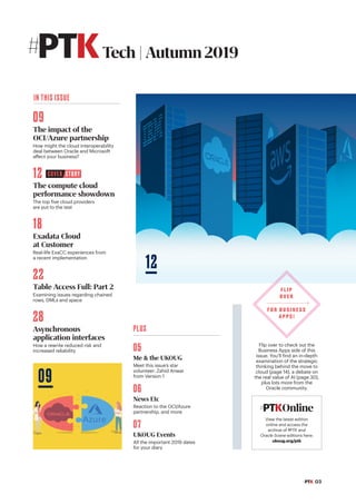 Tech|Autumn2019
#PTK
Online
#PTK
IN THIS ISSUE
09
The impact of the
OCI/Azure partnership
How might the cloud interoperability
deal between Oracle and Microsoft
affect your business?
12
The compute cloud
performance showdown
The top five cloud providers
are put to the test
18
Exadata Cloud
at Customer
Real-life ExaCC experiences from
a recent implementation
22
Table Access Full: Part 2
Examining issues regarding chained
rows, DMLs and space
28
Asynchronous
application interfaces
How a rewrite reduced risk and
increased reliability
PLUS
05
Me & the UKOUG
Meet this issue’s star
volunteer: Zahid Anwar
from Version 1
06
News Etc
Reaction to the OCI/Azure
partnership, and more
07
UKOUG Events
All the important 2019 dates
for your diary
Flip over to check out the
Business Apps side of this
issue. You’ll find an in-depth
examination of the strategic
thinking behind the move to
cloud (page 14), a debate on
the real value of AI (page 30),
plus lots more from the
Oracle community.
View the latest edition
online and access the
archive of #PTK and
Oracle Scene editions here:
ukoug.org/ptk
COVER STORY
09
#PTK 03
12
FLIP
OVER
FOR BUSINESS
APPS!
 