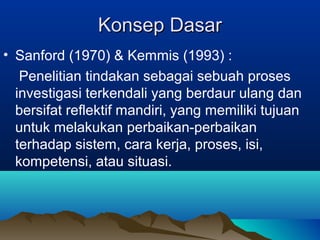 Konsep DasarKonsep Dasar
• Sanford (1970) & Kemmis (1993) :
Penelitian tindakan sebagai sebuah proses
investigasi terkendali yang berdaur ulang dan
bersifat reflektif mandiri, yang memiliki tujuan
untuk melakukan perbaikan-perbaikan
terhadap sistem, cara kerja, proses, isi,
kompetensi, atau situasi.
 