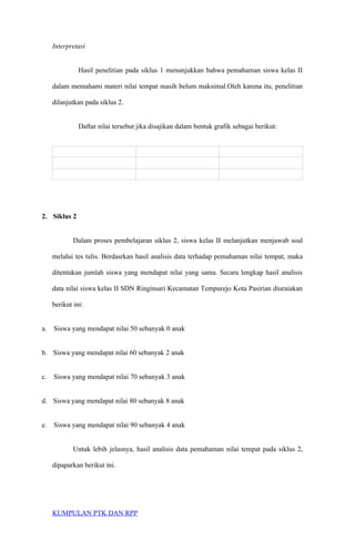 Interpretasi
Hasil penelitian pada siklus 1 menunjukkan bahwa pemahaman siswa kelas II
dalam memahami materi nilai tempat masih belum maksimal.Oleh karena itu, penelitian
dilanjutkan pada siklus 2.
Daftar nilai tersebut jika disajikan dalam bentuk grafik sebagai berikut:
2. Siklus 2
Dalam proses pembelajaran siklus 2, siswa kelas II melanjutkan menjawab soal
melalui tes tulis. Berdasrkan hasil analisis data terhadap pemahaman nilai tempat, maka
ditentukan jumlah siswa yang mendapat nilai yang sama. Secara lengkap hasil analisis
data nilai siswa kelas II SDN Ringinsari Kecamatan Tempurejo Kota Pasirian diuraiakan
berikut ini:
a. Siswa yang mendapat nilai 50 sebanyak 0 anak
b. Siswa yang mendapat nilai 60 sebanyak 2 anak
c. Siswa yang mendapat nilai 70 sebanyak 3 anak
d. Siswa yang mendapat nilai 80 sebanyak 8 anak
e. Siswa yang mendapat nilai 90 sebanyak 4 anak
Untuk lebih jelasnya, hasil analisis data pemahaman nilai tempat pada siklus 2,
dipaparkan berikut ini.
KUMPULAN PTK DAN RPP
 