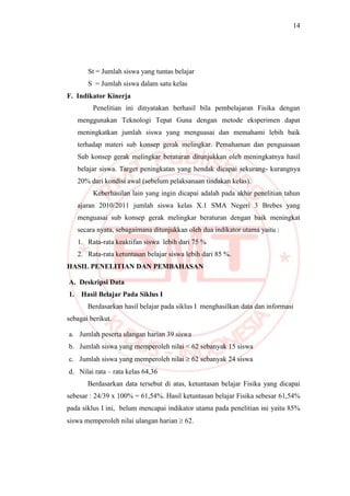 14
St = Jumlah siswa yang tuntas belajar
S = Jumlah siswa dalam satu kelas
F. Indikator Kinerja
Penelitian ini dinyatakan berhasil bila pembelajaran Fisika dengan
menggunakan Teknologi Tepat Guna dengan metode eksperimen dapat
meningkatkan jumlah siswa yang menguasai dan memahami lebih baik
terhadap materi sub konsep gerak melingkar. Pemahaman dan penguasaan
Sub konsep gerak melingkar beraturan ditunjukkan oleh meningkatnya hasil
belajar siswa. Target peningkatan yang hendak dicapai sekurang- kurangnya
20% dari kondisi awal (sebelum pelaksanaan tindakan kelas).
Keberhasilan lain yang ingin dicapai adalah pada akhir penelitian tahun
ajaran 2010/2011 jumlah siswa kelas X.1 SMA Negeri 3 Brebes yang
menguasai sub konsep gerak melingkar beraturan dengan baik meningkat
secara nyata, sebagaimana ditunjukkan oleh dua indikator utama yaitu :
1. Rata-rata keaktifan siswa lebih dari 75 %
2. Rata-rata ketuntasan belajar siswa lebih dari 85 %.
HASIL PENELITIAN DAN PEMBAHASAN
A. Deskripsi Data
1. Hasil Belajar Pada Siklus I
Berdasarkan hasil belajar pada siklus I menghasilkan data dan informasi
sebagai berikut.
a. Jumlah peserta ulangan harian 39 siswa
b. Jumlah siswa yang memperoleh nilai < 62 sebanyak 15 siswa
c. Jumlah siswa yang memperoleh nilai  62 sebanyak 24 siswa
d. Nilai rata – rata kelas 64,36
Berdasarkan data tersebut di atas, ketuntasan belajar Fisika yang dicapai
sebesar : 24/39 x 100% = 61,54%. Hasil ketuntasan belajar Fisika sebesar 61,54%
pada siklus I ini, belum mencapai indikator utama pada penelitian ini yaitu 85%
siswa memperoleh nilai ulangan harian  62.
 