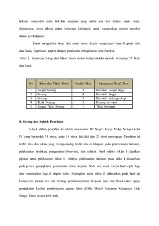 liriknya mencontoh pada lirik-lirik nyanyian yang sudah ada dan disukai anak- anak.
Selanjutnya, siswa dibagi dalam beberapa kelompok untuk menerapkan metode tersebut
dalam pembelajaran.
Untuk mengetahui sikap dan minat siswa dalam mempelajari Iman Kepada nabi
dan Rasul, digunakan angket dengan penskoran sebagaimana tabel berikut.
Tabel 1: Instrumen Sikap dan Minat Siswa dalam belajar melalui metode bernyanyi 25 Nabi
dan Rasul
No Sikap dan Minat Siswa Jumlah Skor Interpretasi Rata2 Skor
1 Sangat Senang 5 Berminat sangat tinggi
2 Senang 4 Berminat tinggi
3 Sedang 3 Berminat sedang/cukup
4 Tidak Senang 2 Kurang berminat
5 Sangat Tidak Senang 1 Tidak berminat
B. Setting dan Subjek Penelitian
Subjek dalam penelitian ini adalah siswa-siswi MI Negeri Karya Mulya Nelayan kelas
IV yang berjumlah 34 siswa, yaitu 14 siswa laki-laki dan 20 siswi perempuan. Penelitian ini
terdiri atas dua siklus yang masing-masing terdiri atas 4 tahapan, yaitu perencanaan tindakan,
pelaksanaan tindakan, pengamatan (observasi), dan refleksi. Hasil refleksi siklus I dijadikan
pijakan untuk pelaksanaan siklus II. Artinya, pelaksanaan tindakan pada siklus I didasarkan
pada proses peningkatan pemahaman Iman kepada Nabi dan rasul melalui hasil cipta lagu
dan menyanyikan lagu di depan kelas. Sedangkan pada siklus II didasarkan pada hasil uji
kompetensi melalui tes tulis tentang pemahaman Iman Kepada nabi dan Rasul dalam upaya
peningkatan kualitas pembelajaran agama Islam di Min Model Panyiuran Kabupaten Hulu
Sungai Utara secara lebih baik.
 