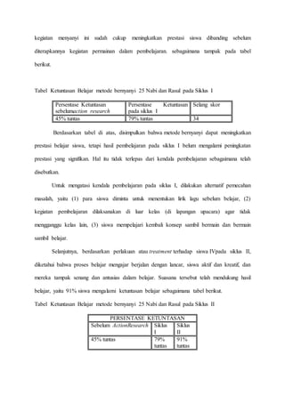 kegiatan menyanyi ini sudah cukup meningkatkan prestasi siswa dibanding sebelum
diterapkannya kegiatan permainan dalam pembelajaran. sebagaimana tampak pada tabel
berikut.
Tabel Ketuntasan Belajar metode bernyanyi 25 Nabi dan Rasul pada Siklus I
Persentase Ketuntasan
sebelumaction research
Persentase Ketuntasan
pada siklus I
Selang skor
45% tuntas 79% tuntas 34
Berdasarkan tabel di atas, disimpulkan bahwa metode bernyanyi dapat meningkatkan
prestasi belajar siswa, tetapi hasil pembelajaran pada siklus I belum mengalami peningkatan
prestasi yang signifikan. Hal itu tidak terlepas dari kendala pembelajaran sebagaimana telah
disebutkan.
Untuk mengatasi kendala pembelajaran pada siklus I, dilakukan alternatif pemecahan
masalah, yaitu (1) para siswa diminta untuk menentukan lirik lagu sebelum belajar, (2)
kegiatan pembelajaran dilaksanakan di luar kelas (di lapangan upacara) agar tidak
mengganggu kelas lain, (3) siswa mempelajari kembali konsep sambil bermain dan bermain
sambil belajar.
Selanjutnya, berdasarkan perlakuan atau treatment terhadap siswa IVpada siklus II,
diketahui bahwa proses belajar mengajar berjalan dengan lancar, siswa aktif dan kreatif, dan
mereka tampak senang dan antusias dalam belajar. Suasana tersebut telah mendukung hasil
belajar, yaitu 91% siswa mengalami ketuntasan belajar sebagaimana tabel berikut.
Tabel Ketuntasan Belajar metode bernyanyi 25 Nabi dan Rasul pada Siklus II
PERSENTASE KETUNTASAN
Sebelum ActionResearch Siklus
I
Siklus
II
45% tuntas 79%
tuntas
91%
tuntas
 