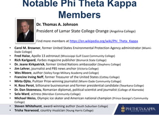 Notable Phi Theta Kappa
Members
• Carol M. Browner, former United States Environmental Protection Agency administrator (Miami-
Dade College)
• Fred Haise, Apollo 13 astronaut (Mississippi Gulf Coast Community College)
• Rich Karlgaard, Forbes magazine publisher (Bismarck State College)
• Dr. Jeane Kirkpatrick, former United Nations ambassador (Stephens College)
• Jim Lehrer, journalist and PBS news anchor (Victoria College)
• Wes Moore, author (Valley Forge Military Academy and College)
• Francine Irving Neff, former Treasurer of the United States (Cottey College)
• Mirta Ojito, Pulitzer Prize-winning journalist (Miami-Dade Community College)
• H. Ross Perot, billionaire businessman and former presidential candidate (Texarkana College)
• Dr. Dan Stoenescu, Romanian diplomat, political scientist and journalist (College of Alameda)
• Sela Ward, actress (Meridian Community College)
• Michael Weiss, Olympic ice skater and American national champion (Prince George's Community
College)
• Steven Whitehurst, award-winning author (South Suburban College)
• Trisha Yearwood, country musician (Young Harris College)
Dr. Thomas A. Johnson
President of Lamar State College Orange (Angelina College)
Find more members at https://en.wikipedia.org/wiki/Phi_Theta_Kappa
 