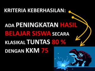 KRITERIA KEBERHASILAN:
ADA PENINGKATAN HASIL
BELAJAR SISWA SECARA
KLASIKAL TUNTAS 80 %
DENGAN KKM 75
 