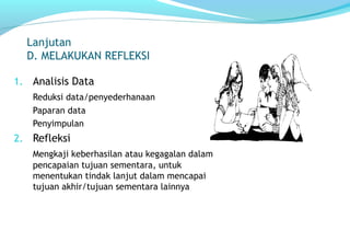 Lanjutan
D. MELAKUKAN REFLEKSI
1. Analisis Data
Reduksi data/penyederhanaan
Paparan data
Penyimpulan
2. Refleksi
Mengkaji keberhasilan atau kegagalan dalam
pencapaian tujuan sementara, untuk
menentukan tindak lanjut dalam mencapai
tujuan akhir/tujuan sementara lainnya
 
