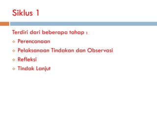 Siklus 1
Terdiri dari beberapa tahap :
 Perencanaan

 Pelaksanaan Tindakan dan Observasi

 Refleksi

 Tindak Lanjut
 