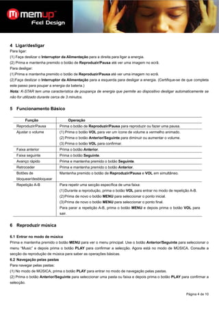 4 Ligar/desligar
Para ligar:
(1) Faça deslizar o Interruptor da Alimentação para a direita para ligar a energia.
(2) Prima e mantenha premido o botão de Reproduzir/Pausa até ver uma imagem no ecrã.
Para desligar:
(1) Prima e mantenha premido o botão de Reproduzir/Pausa até ver uma imagem no ecrã.
(2) Faça deslizar o Interruptor da Alimentação para a esquerda para desligar a energia. (Certifique-se de que completa
este passo para poupar a energia da bateria.)
Nota: K-STAR tem uma característica de poupança de energia que permite ao dispositivo desligar automaticamente se
não for utilizado durante cerca de 3 minutos.


5 Funcionamento Básico

         Função                       Operação
    Reproduzir/Pausa          Prima o botão de Reproduzir/Pausa para reproduzir ou fazer uma pausa.
    Ajustar o volume          (1) Prima o botão VOL para ver um ícone de volume a vermelho animado.
                              (2) Prima o botão Anterior/Seguinte para diminuir ou aumentar o volume.
                              (3) Prima o botão VOL para confirmar.
    Faixa anterior            Prima o botão Anterior.
    Faixa seguinte            Prima o botão Seguinte.
    Avanço rápido             Prima e mantenha premido o botão Seguinte.
    Retroceder                Prima e mantenha premido o botão Anterior.
    Botões de                 Mantenha premido o botão de Reproduzir/Pausa e VOL em simultâneo.
    bloquear/desbloquear
    Repetição A-B             Para repetir uma secção específica de uma faixa:
                              (1) Durante a reprodução, prima o botão VOL para entrar no modo de repetição A-B.
                              (2) Prima de novo o botão MENU para seleccionar o ponto inicial.
                              (3) Prima de novo o botão MENU para seleccionar o ponto final.
                              Para parar a repetição A-B, prima o botão MENU e depois prima o botão VOL para
                              sair.


6 Reproduzir música

6.1 Entrar no modo de música
Prima e mantenha premido o botão MENU para ver o menu principal. Use o botão Anterior/Seguinte para seleccionar o
menu “Music” e depois prima o botão PLAY para confirmar a selecção. Agora está no modo de MÚSICA. Consulte a
secção da reprodução de música para saber as operações básicas.
6.2 Navegação pelas pastas
Para navegar pelas pastas:
(1) No modo de MÚSICA, prima o botão PLAY para entrar no modo de navegação pelas pastas.
(2) Prima o botão Anterior/Seguinte para seleccionar uma pasta ou faixa e depois prima o botão PLAY para confirmar a
selecção.


                                                                                                        Página 4 de 10
 