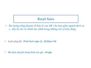 • Đo lường tổng doanh số bán lẻ của Mỹ ( ko bao gồm ngành dịch vụ
) , đây là chỉ số chính xác nhất trong những chỉ số tiêu dùng
• Lịch công bố: Phát hành ngày 12, 8h30pm VN
• Độ dịch chuyển trung bình của giá : 44 pip
Retail Sales
 