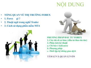 NỘI DUNG
• TỔNG QUAN VỀ THỊ TRƢỜNG FOREX
• 1. Forex gi ?
• 2. Thuật ngữ trong nghề Trader
• 3. Cách sử dụng phần mềm MT4
PHƢƠNG PHÁP ĐẦU TƢ FOREX
1. Các chỉ số cơ bản ( đầu tƣ theo tin tức)
2. Phân tích kỹ thuật
a. Chỉ báo ( indicator)
b. Phương pháp
c. Thiết lập hệ thống giao dịch
TÂM LÍ VÀ QUẢN LÍ VỐN
 