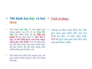 • Mô hình hai đáy và hai
đỉnh
• Mô hình hai đáy là mô hình giá
đang giảm sau đó có sự tăng lên
nhẹ tạo đỉnh nhỏ và lại tiếp tục
giảm về tạo đáy thứ 2 ( đáy thứ 2
này có thể thấp hơn, cao hơn, hoặc
bằng đáy thứ nhất) sau đó tăng lên
lại, khi giá vƣợt qua mức đỉnh nhỏ
đã tạo trƣớc đó thì khả năng đảo
chiều tăng giá là khá cao.
• Mô hình hai đỉnh thì ngƣợc lại với
quá trình hình thành của mô hình
hai đáy
• Cách sử dụng :
• Chúng ta thực hiện lệnh Buy khi
giá vượt qua đỉnh nhỏ của mô
hình hai đáy, và thực hiện lệnh
Sell khi giá vượt qua mức đáy nhỏ
của mô hình 2 đỉnh.
 