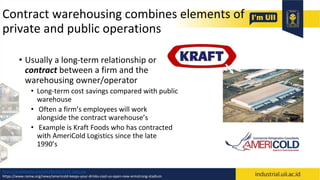 Contract warehousing combines elements of
private and public operations
• Usually a long-term relationship or
contract between a firm and the
warehousing owner/operator
• Long-term cost savings compared with public
warehouse
• Often a firm’s employees will work
alongside the contract warehouse’s
• Example is Kraft Foods who has contracted
with AmeriCold Logistics since the late
1990’s
https://id.wikipedia.org/wiki/Berkas:Kraft_logo.svg
https://www.ramw.org/news/americold-keeps-your-drinks-cool-us-open-new-armstrong-stadium
 