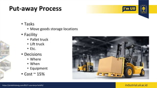 Put-away Process
• Tasks
• Move goods storage locations
• Facility
• Pallet truck
• Lift truck
• Etc.
• Decisions
• Where
• When
• Equipment
• Cost ~ 15%
https://pindahlubang.com/8527-cara-kerja-forklift/
 