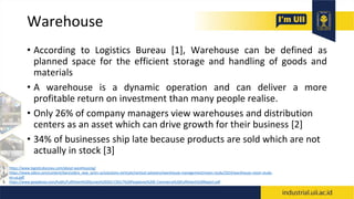Warehouse
• According to Logistics Bureau [1], Warehouse can be defined as
planned space for the efficient storage and handling of goods and
materials
• A warehouse is a dynamic operation and can deliver a more
profitable return on investment than many people realise.
• Only 26% of company managers view warehouses and distribution
centers as an asset which can drive growth for their business [2]
• 34% of businesses ship late because products are sold which are not
actually in stock [3]
1. https://www.logisticsbureau.com/about-warehousing/
2. https://www.zebra.com/content/dam/zebra_new_ia/en-us/solutions-verticals/vertical-solutions/warehouse-management/vision-study/2024/warehouse-vision-study-
en-us.pdf
3. https://www.peoplevox.com/hubfs/Fulfilment%20Survey%202017/2017%20Peoplevox%20E-Commerce%20Fulfilment%20Report.pdf
 