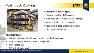 Push-back Racking
Application & advantages:
• Easily accessible LIFO inventory
• Push back offers more versatile storage
• Variety of SKUs can be stored
• Maximum 4 deep stacking available
• High storage efficiency
Disadvantages:
• Limited height of forklift mast due to push-back pressure
• Require trolley device at each storage cell
• First-in-last-out
• Difficult storage work
http://www.asrs-systems.com/sale-11241359-warehouse-push-back-racking-system-
industrial-first-in-last-out-operation-process.html
 