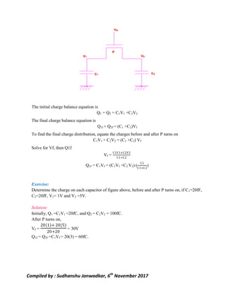Compiled by : Sudhanshu Janwadkar, 6th
November 2017
The initial charge balance equation is
Q1 + Q2 = C1V1 +C2V2
The final charge balance equation is
Q1f + Q2f = (C1 +C2)Vf
To find the final charge distribution, equate the charges before and after P turns on
C1V1 + C2V2 = (C1 +C2) Vf
Solve for Vf, then Q1f
Vf =
C1V1+C2V2
C1+C2
Q1f = C1Vf = (C1V1 +C2 V2) (
C1
C1+C2
)
Exercise:
Determine the charge on each capacitor of figure above, before and after P turns on, if C1=20fF,
C2=20fF, V1= 1V and V2 =5V.
Solution:
Initially, Q1 =C1V1 =20fC, and Q2 = C2V2 = 100fC.
After P turns on,
Vf =
20 1 + 20(5)
20+20
= 30V
Q1f = Q2f =C1Vf = 20(3) = 60fC.
 