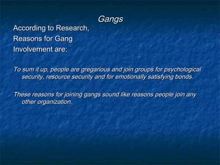 GangsGangs
According to Research,According to Research,
Reasons for GangReasons for Gang
Involvement are:Involvement are:
To sum it up, people are gregarious and join groups for psychologicalTo sum it up, people are gregarious and join groups for psychological
security, resource security and for emotionally satisfying bonds.security, resource security and for emotionally satisfying bonds.
These reasons for joining gangs sound like reasons people join anyThese reasons for joining gangs sound like reasons people join any
other organization.other organization.
 