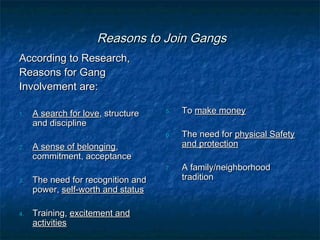 Reasons to Join GangsReasons to Join Gangs
According to Research,According to Research,
Reasons for GangReasons for Gang
Involvement are:Involvement are:
1.1. A search for loveA search for love, structure, structure
and disciplineand discipline
2.2. A sense of belongingA sense of belonging,,
commitment, acceptancecommitment, acceptance
3.3. The need for recognition andThe need for recognition and
power,power, self-worth and statusself-worth and status
4.4. Training,Training, excitement andexcitement and
activitiesactivities
5.5. ToTo make moneymake money
6.6. The need forThe need for physical Safetyphysical Safety
and protectionand protection
7.7. A family/neighborhoodA family/neighborhood
traditiontradition
 