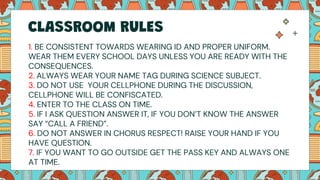 1. BE CONSISTENT TOWARDS WEARING ID AND PROPER UNIFORM.
WEAR THEM EVERY SCHOOL DAYS UNLESS YOU ARE READY WITH THE
CONSEQUENCES.
2. ALWAYS WEAR YOUR NAME TAG DURING SCIENCE SUBJECT.
3. DO NOT USE YOUR CELLPHONE DURING THE DISCUSSION,
CELLPHONE WILL BE CONFISCATED.
4. ENTER TO THE CLASS ON TIME.
5. IF I ASK QUESTION ANSWER IT, IF YOU DON’T KNOW THE ANSWER
SAY “CALL A FRIEND”.
6. DO NOT ANSWER IN CHORUS RESPECT! RAISE YOUR HAND IF YOU
HAVE QUESTION.
7. IF YOU WANT TO GO OUTSIDE GET THE PASS KEY AND ALWAYS ONE
AT TIME.
CLASSROOM RULES
 