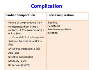 Complication
Cardiac Complication Local Complication
• Failure of the procedure (<5%)
• Hemopericardium (Aortic
rupture, LA free wall rupture) (
0.5 to 10%)
– Pericardial Effusion/tamponade
• Systemic Embolization (0.5 to
5%)
• Mitral Regurgitation (2-9%)
• ASD (5%)
• Infective endocarditis
• Mortality (1-2%)
• Restenosis (2-60%)
Bleeding
Hematoma
Arteriovenous fistula
Infection
 