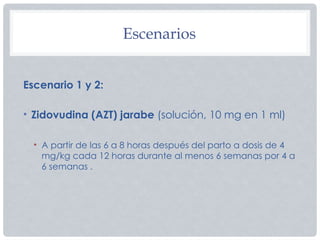 Escenarios
Escenario 1 y 2:
• Zidovudina (AZT) jarabe (solución, 10 mg en 1 ml)
• A partir de las 6 a 8 horas después del parto a dosis de 4
mg/kg cada 12 horas durante al menos 6 semanas por 4 a
6 semanas .
 