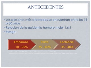 ANTECEDENTES
• Las personas más afectadas se encuentran entre los 15
a 30 años
• Relación de la epidemia hombre mujer 1,6:1
• Riesgo:
 