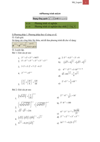 Mũ_Logarit 1
Phương trình mũ.
Dạng tổng quát: x
a b (với 0 1a  )
0b  Phương trình vô nghiện
0b  Phương trình có nghiệm duy nhất logax b
I) Phương pháp 1. Phương pháp đưa về cùng cơ số.
. Cách giải.
Sử dụng các công thức lũy thừa, mũ để đưa phương trình đã cho về dạng:
( ) ( ) 1
( ) ( )
f x g x a
f x g xa a

   
. Luyện tập.
Bài 1. Giải các pt sau:
1.
1 1
3 3 3 9477x x x 
   a)
1 1
2 3 6.3 3 9x x x 
   
2.
1 2 1 1 2
5 5 5 3 3 3x x x x x x    
    
b)    
2 1 1
6 1
17 4 17 4
x x
x x
 

  
3. 5 3 3 2 7 2 4 3x x x x
      
c)
2
2 1 4 8 2 8 78
4 5 5 10x x x x   
  
4.
2
8 2 1
2 8x x x  

d)
2 8 8
4 3 2
1
3 243 9
9
x x
x x
 
 
  
5.
2 25 125
5 8 64
x x
   
    
    e)
1 21
2 5 10
5
x x x 
  
Bài 2. Giải các pt sau:
1.
 
2 8
1
3 3 3
81
xx 
 
  
  a)
1 1
1
1
2 4 16
8
x x x
x
 

  
2.
8 1 6 7
3 33 4
3 3 3 3 3 3 9 27
x x 
   
       
b)
1
5 8 100x x
 
3. 2 3 216x x
 
c)
1 3 1 20 60
4 3 5
27
x x x  
  
4.
     
2 2 1
1
3 4 2
2 . 2 . 4 2
x
x x x
x


 d)
2 2 2 2
1 2 1
2 2 3 3x x x x  
  
5.
 
2 1
7
1
8 0,25 2
x
x
x


  e)
8 191 1
22 2 4
16 0,25 2
x
x x x

  

 
 