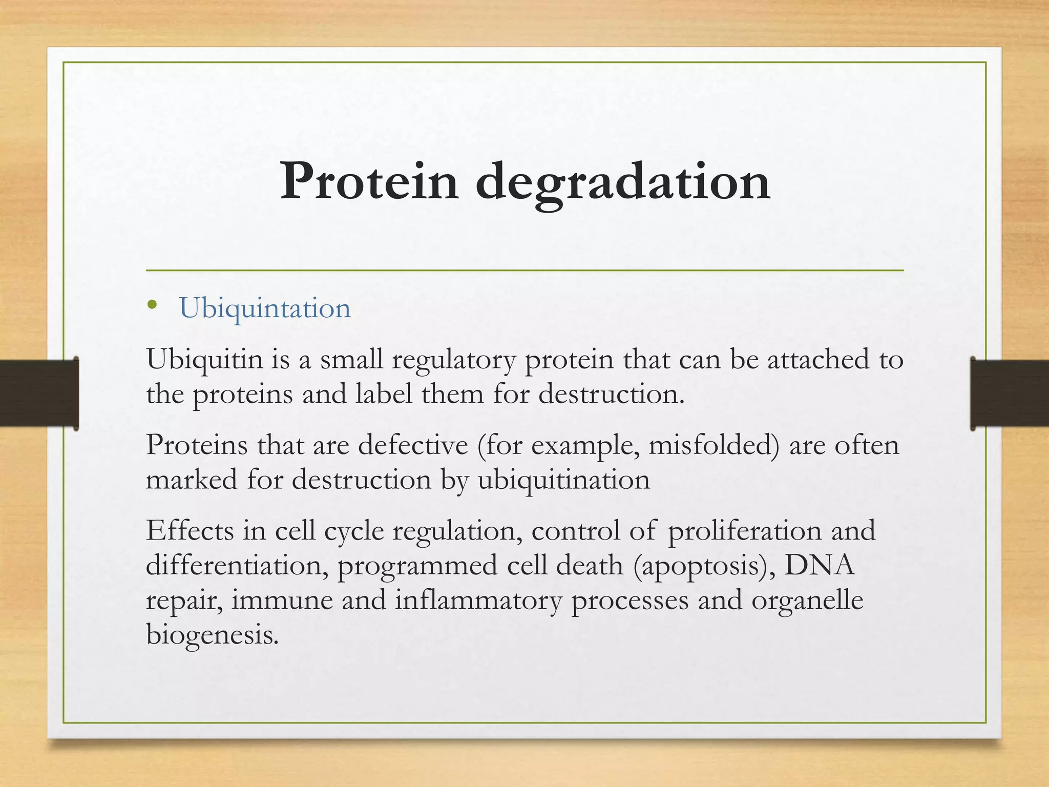 Protein degradation
• Ubiquintation
Ubiquitin is a small regulatory protein that can be attached to
the proteins and label them for destruction.
Proteins that are defective (for example, misfolded) are often
marked for destruction by ubiquitination
Effects in cell cycle regulation, control of proliferation and
differentiation, programmed cell death (apoptosis), DNA
repair, immune and inflammatory processes and organelle
biogenesis.
 