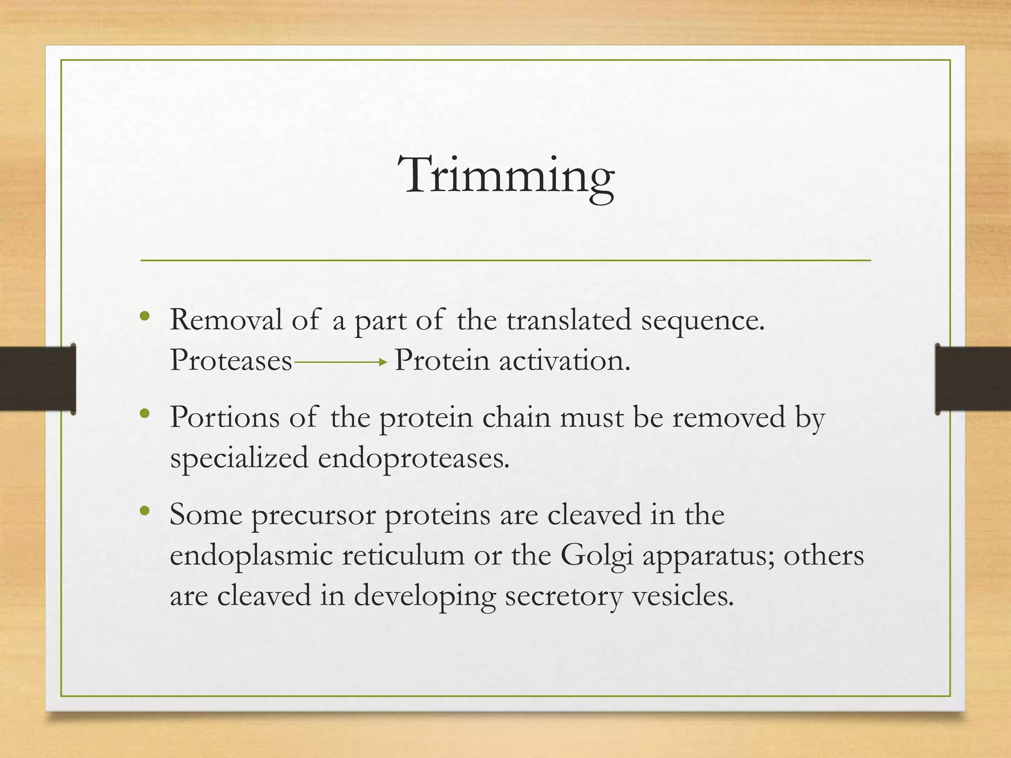 Trimming
• Removal of a part of the translated sequence.
Proteases Protein activation.
• Portions of the protein chain must be removed by
specialized endoproteases.
• Some precursor proteins are cleaved in the
endoplasmic reticulum or the Golgi apparatus; others
are cleaved in developing secretory vesicles.
 