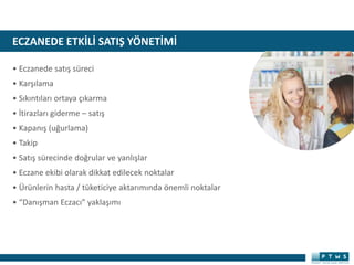 ECZANEDE ETKİLİ SATIŞ YÖNETİMİ
• Eczanede satış süreci
• Karşılama
• Sıkıntıları ortaya çıkarma
• İtirazları giderme – satış
• Kapanış (uğurlama)
• Takip
• Satış sürecinde doğrular ve yanlışlar
• Eczane ekibi olarak dikkat edilecek noktalar
• Ürünlerin hasta / tüketiciye aktarımında önemli noktalar
• “Danışman Eczacı” yaklaşımı
 