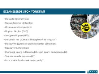 ECZANELERDE STOK YÖNETİMİ
• Stoklarla ilgili maliyetler
• Stok değerleme yöntemleri
• Ortalama maliyet yöntemi
• İlk giren ilk çıkar (FIFO)
• Son giren ilk çıkar (LIFO)
• Stok devir hızı (SDH) nasıl hesaplanır? Ne işe yarar?
• Stok sayımı (Sürekli ve aralıklı envanter yöntemleri)
• Sipariş verme teknikleri
• Ekonomik sipariş miktarı modeli, sabit sipariş periyodu modeli
• Tam zamanında stoklama (JIT)
• Fazla stok bulundurmak neden yanlış?
 