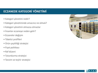 ECZANEDE KATEGORİ YÖNETİMİ
• Kategori yönetimi nedir?
• Kategori yönetiminde amacınız ne olmalı?
• Kategori yönetimi olmazsa olmazlar
• İnsanlar eczaneye neden gelir?
• Eczaneler değişim
• Tüketici profilleri
• Ürün çeşitliliği stratejisi
• Fiyat politikası
• Raf düzeni
• Tutundurma stratejisi
• Tanzim ve teşhir stratejisi
 