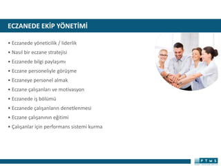 ECZANEDE EKİP YÖNETİMİ
• Eczanede yöneticilik / liderlik
• Nasıl bir eczane stratejisi
• Eczanede bilgi paylaşımı
• Eczane personeliyle görüşme
• Eczaneye personel almak
• Eczane çalışanları ve motivasyon
• Eczanede iş bölümü
• Eczanede çalışanların denetlenmesi
• Eczane çalışanının eğitimi
• Çalışanlar için performans sistemi kurma
 
