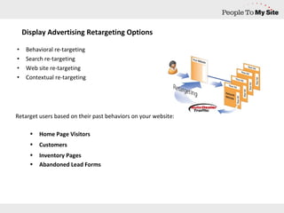 Display Advertising Retargeting Options Behavioral re-targeting Search re-targeting Web site re-targeting Contextual re-targeting Retarget users based on their past behaviors on your website: Home Page Visitors Customers Inventory Pages Abandoned Lead Forms 
