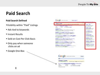 Paid Search Paid Search Defined  Visibility within “Paid” Listings Ads tied to keywords Instant Results Sold on Cost Per Click Basis Only pay when someone    clicks on ad Google One-Box 